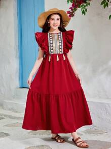 SHEIN 少女编织纯色织带刺绣流苏荷叶边袖休闲连衣裙 - 酒紅色 - 查看 3