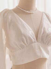 Soleia Women's Romantic Country Style V-Neck Backless Bow Tie Floral Cutout Chiffon Lantern Sleeve Crop Shirt, Suitable For Wedding & Summer Vacation