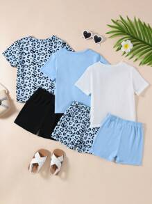 Conjunto de tres piezas informal y veraniego para niña, con estampado de leopardo de gato lindo y cuello redondo