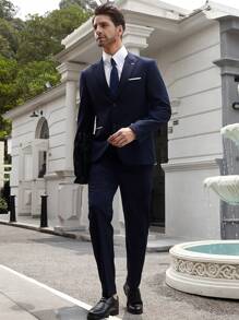 Manfinity Bizformal 男士單排扣拼色翻領長袖西裝外套和褲子套裝 - 藍色 - 查看 4