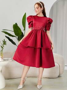 SHEIN Teen Girl Red/Burgundy Short Sleeve Beaded Computer Embroidery Waistband Tiered Ruffle Hem Princess Style Elegant Dress For Formal Party - Red - View 5