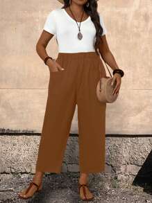 EMERY ROSE Plus Size Women'S Black Trousers With Pockets And Elastic Waistband - Brown - View 4