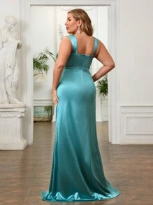 SHEIN Belle 灰綠色大尺碼高開叉豪華寶石點綴魚尾晚禮服，側邊飄帶設計 - 綠色 - 查看 7