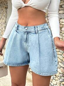 SHEIN Cottnline High  Waist Mini Short  Elastic Band Detail - Light Wash - View 1