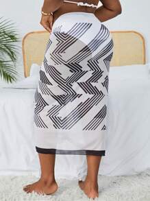 SHEIN Swim Curve Summer Beach Plus Size Dotted Line Printed Split Hem Contrasting Edge Tie Front Cover-Up