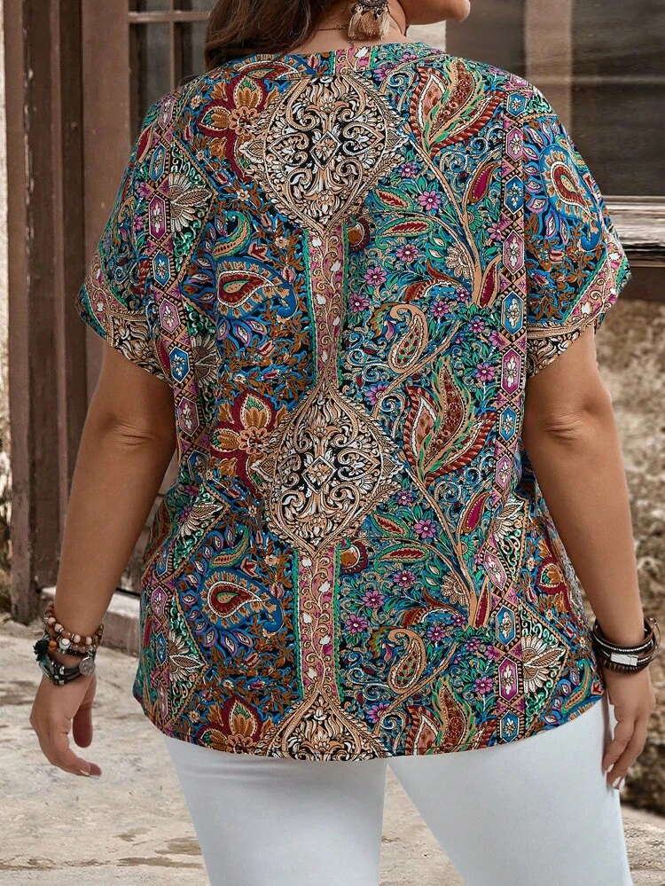 Plus Size Women's Bohemian Style Printed Button Embellished  Short Sleeve Shirt For Spring And Summer,Flower/Vacation