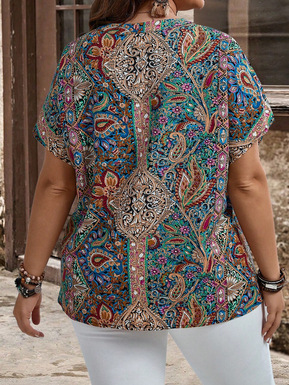 Plus Size Women's Bohemian Style Printed Button Embellished  Short Sleeve Shirt For Spring And Summer,Flower/Vacation