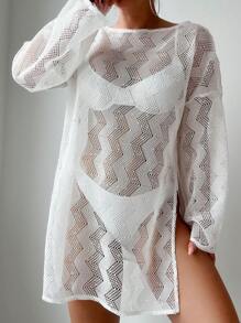 SHEIN Swim 女款時尚夏季長袖中空簡約連衣裙，設有分裂式下擺 - 白色 - 查看 3