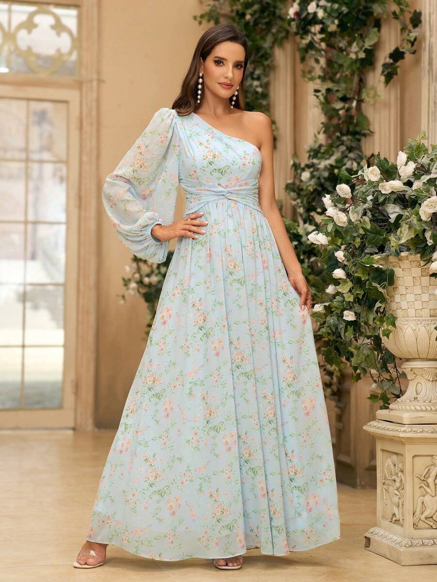 SHEIN Belle Vestido de diseño asimétrico de hombro con estampado elegante y de moda para mujer - Multicolor - Ver 1