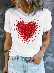 Heart Print Round Neck Tee