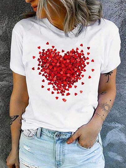 Camiseta De Cuello Redondo Con Estampado De Corazón