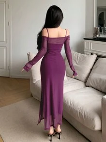 DAZY Women's Off Shoulder Long Sleeve Mesh Party Dress, Banquet & School Events - Purple - View 5