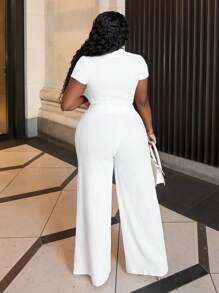 Slaydiva Conjunto casual de top corto con mangas, cuello en V y detalle de nudo, y pantalones rectos con solapa - B