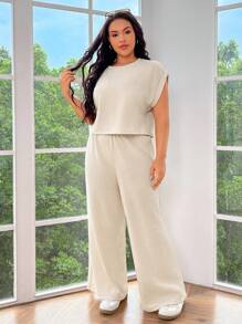 SHEIN EZwear Women Plus Size Batwing Sleeve T-Shirt And Straight Pants Solid Color Two-Piece Set - Apricot - View 3