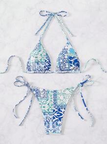 SHEIN Swim Damen Blume Muster Neckholder Bikini-Set mit zufälligem Muster für Urlaub und Sommer