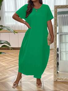 EMERY ROSE Plus Size Women Solid Color Simple Daily Dress - Green - View 7
