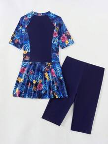 Swim Mulvari Women Summer Beach Tropical Printed Zip-Up Burkini Swimsuit SetArabic Clothing