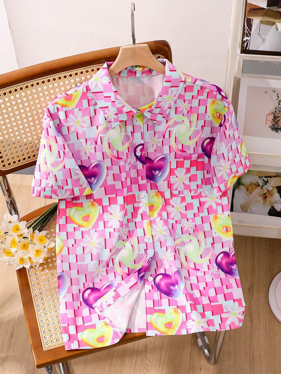 Teen Girl Bubble Heart Print Shirt - Multicolor - View 1