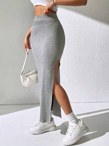 SHEIN PETITE 女士纯色简约日常穿搭开衩半身裙 - 灰色 - 查看 4