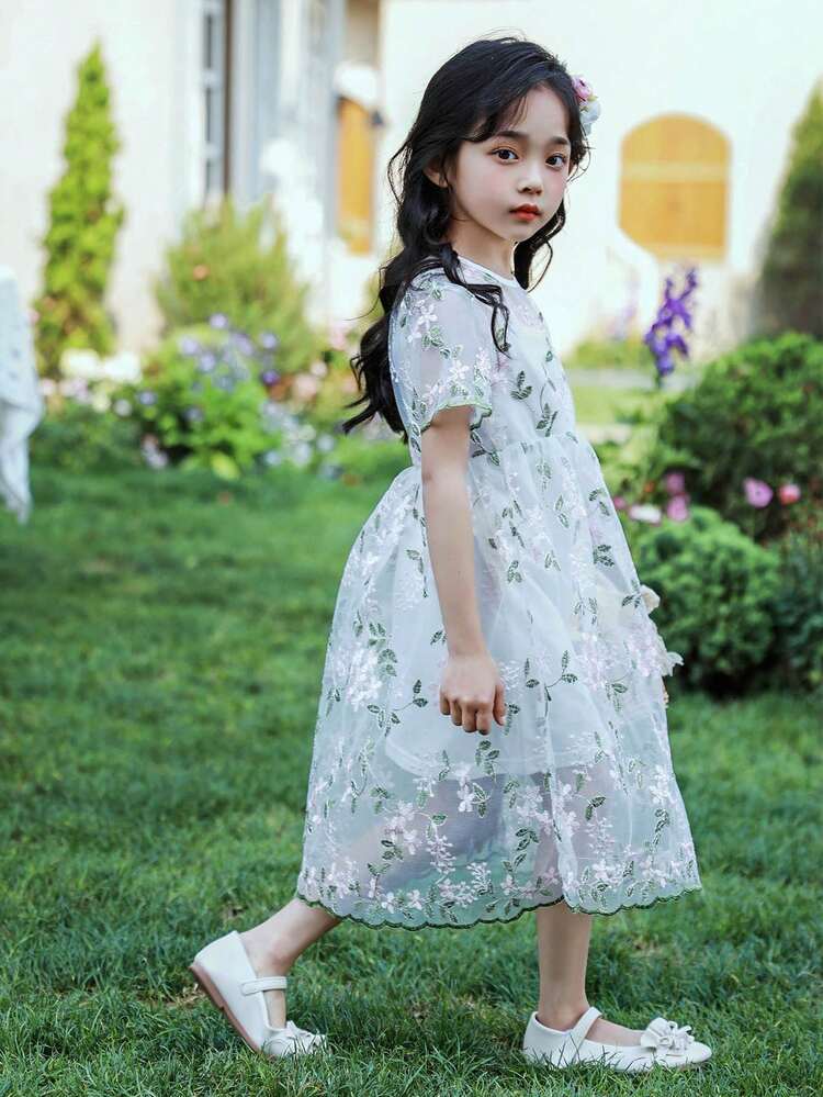 Wedding Diary Young Girls' Princess Floral Embroidery Mesh Round Neck Short Sleeve Dress Set Of 2, Suitable For Parties, Festivals, Weddings, Evening Parties And Birthday Parties, Summer