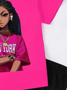 SHEIN Sparklyn Tween Girl Casual T-Shirt And Tight Shorts Set Style Hit  Summer Tops Thanksgiving Outfits For Girls