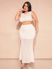 SHEIN BAE Plus Size Women's Beige Summer Sweet Vacation Three-Dimensional Flower Multi-Decoration Partial See-Through Vest Long Skirt Two-Piece Set