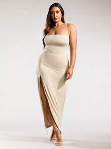 SHEIN BAE Women's Plus Size Knitted Solid Spaghetti Strap High Slit Backless Dress Lace Detail Dress