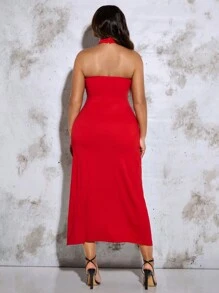SHEIN BAE Plus Size Nữ Màu Trơn Mùa Hè Thanh Lịch Co Giãn Dệt Kim Ba Chiều Hoa Rỗng Xẻ Áo Dài - Đỏ - Xem 2