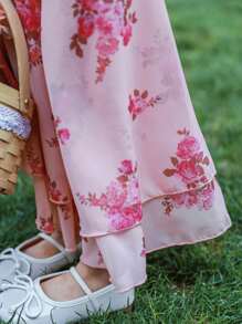 SHEIN Kleine Mädchen Elegantes Hochzeitssaison-Set mit Rüschensaum, Blumen-Chiffon-Top und weitem Hose, geeignet für Feste, Partys und Urlaube, Sommer