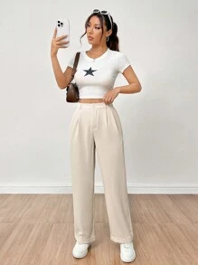SHEIN PETITE Casual Solid Color Pleated Straight Wide-Leg Pants With Rolled Cuffs