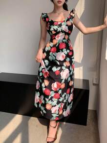 DAZY Women's Random Floral Allover Print Dress - Black - View 6