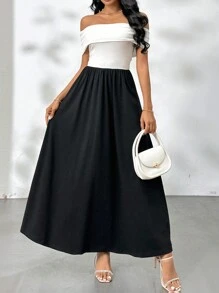 SHEIN Privé Elegantes, modisches Damen Kleid in Schwarz und Weiß mit Kontrastfarben, einschultrig, sexy, für romantische Anlässe, Dates, Arbeit, Straße, Hochzeitssaison, Abschlussfeier, Urlaub, Lehrertag, Muttertag