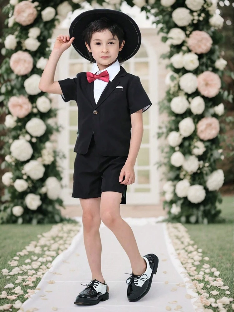 Young Boy 2pcs Gentleman Outfit, Short Sleeve Blazer And Shorts, Fashion, Suitable For Birthday Party, Talent Show, Wedding, And One-Month Party