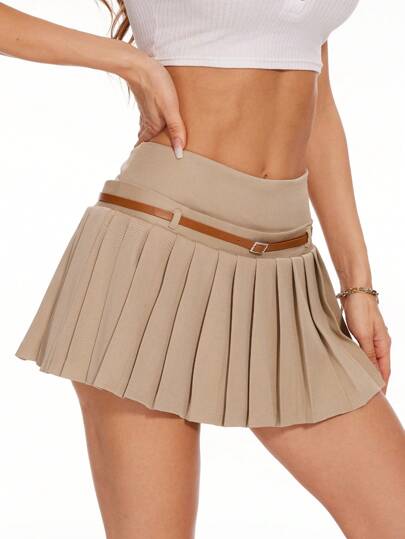 女士短裙时尚宽褶夏季女士卡其色裙子配高腰腰带装饰复古基本款