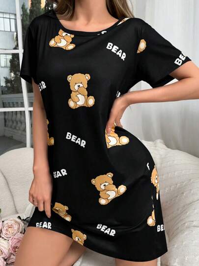 Able Schattige Bear Letter Printed Shirt Sleep Dress Pajama view 3