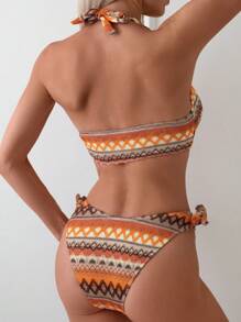 Swim Vcay Summer Beach Ladies' Vacation Geometric Print Halter Tie Beach Fashion Bikini Set