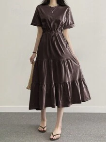 DAZY Vestido casual de diario de unicolor con cordón y cintura elástica, vestido maxi con volantes - Marrón Chocolate - Ver 6