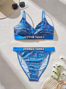 LOONEY TUNES X SHEIN Set aus Strickbikini in Große Größen mit lässigem Buchstaben-Grafik Motiv, Sommer