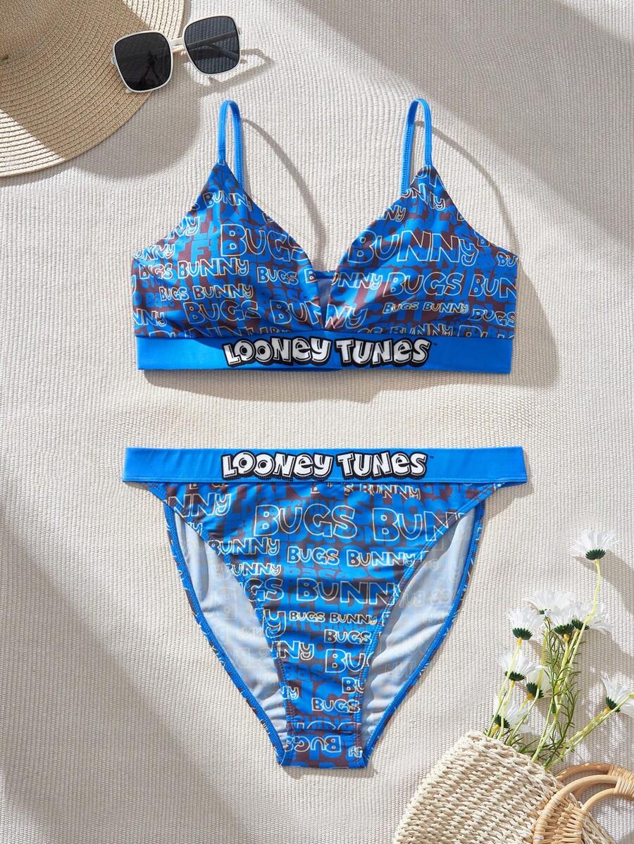 LOONEY TUNES X SHEIN Set aus Strickbikini in Große Größen mit lässigem Buchstaben-Grafik Motiv, Sommer