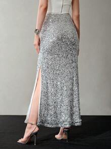MOTF PREMIUM SOLID SEQUINS SPLIT THIGH SKIRT - Silver - View 12