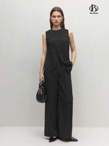 BizChic 女士商务条纹印花圆领无袖交叉裹身衬衫和口袋长裤两件套秋季女装