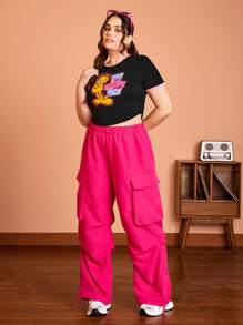 GARFIELD | SHEIN Plus Size Casual Hoạt Hình Dễ Thương Và Khẩu Hiệu In Bó Sát Tay Ngắn Ringer Áo Thun Viền Cong, Mùa Hè - màu đen - Xem 3