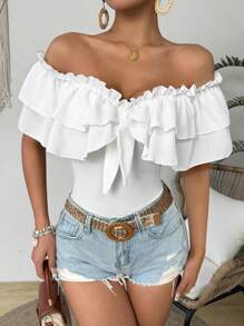 SHEIN VCAY Women Fashion Solid Color Bodysuit With Ruffle Neck Ruffle Neckline