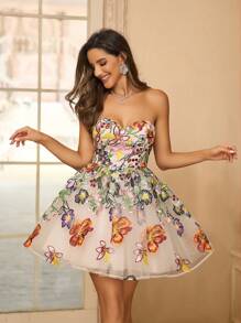 SHEIN Belle 优雅、浪漫、可爱、时尚、流行的女士花朵渐变刺绣高腰喇叭裙，适合度假、毕业、返校、舞会、下午茶、约会、派对、鸡尾酒会和正式场合舞会半正式礼服，适合生日、婚礼宾客礼服 - 彩色 - 查看 5