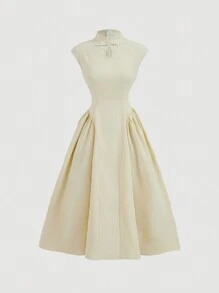 SHEIN MOD Women Long Dress, New Chinese Style, Stand Collar, Buckle, Long Dresses - Apricot - View 1