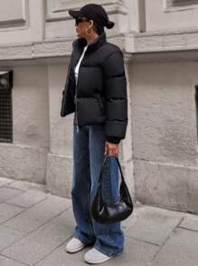 EURMUSE Short Padded Jacket In A Plain Design, Contrast Metal Colour Zipper - Black - View 5