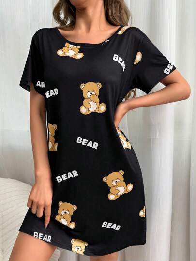 Able Schattige Bear Letter Printed Shirt Sleep Dress Pajama view 4