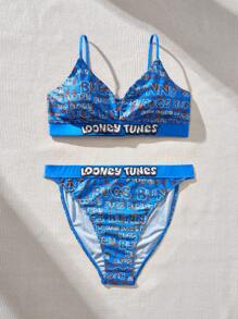 LOONEY TUNES X SHEIN Set aus Strickbikini in Große Größen mit lässigem Buchstaben-Grafik Motiv, Sommer