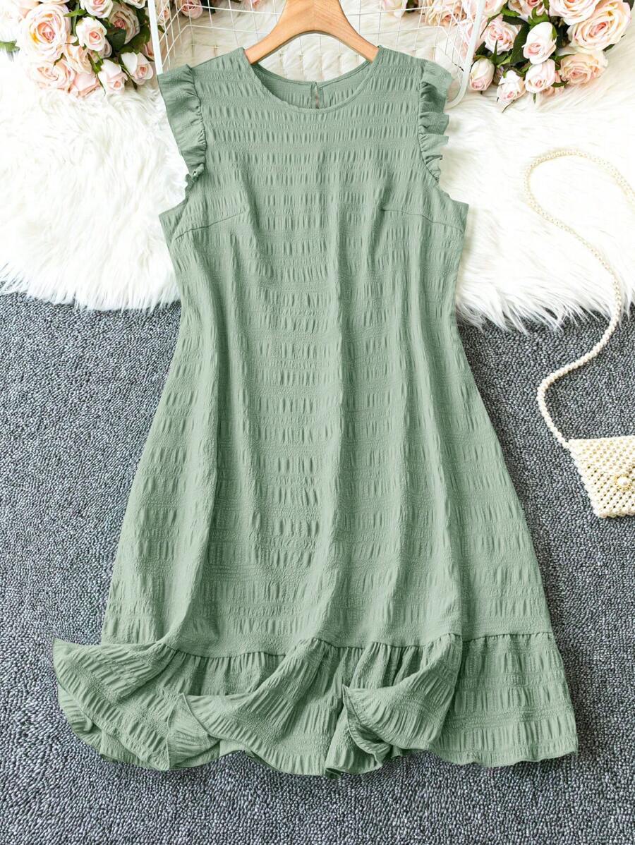 Plus Size Summer Sleeveless Round Neck Ruffle Hem Midi Dress - Mint Green - View 1