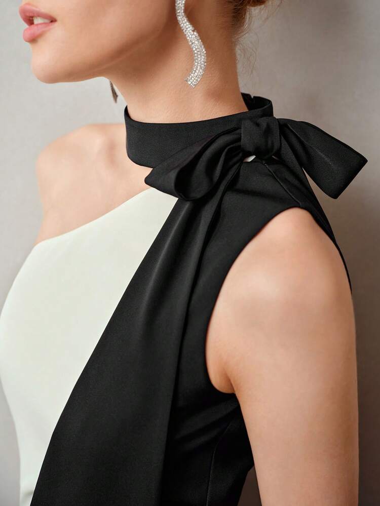 TWO TONE ASYMMETRICAL TIE NECK HALTER TOP